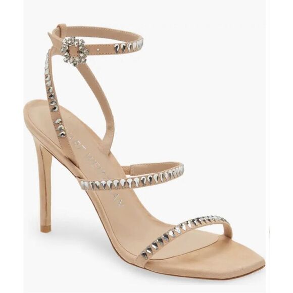 Stuart Weitzman Sandals Womens 8B Suede Leather Ankle Strap Crystal Detailed - Picture 1 of 12